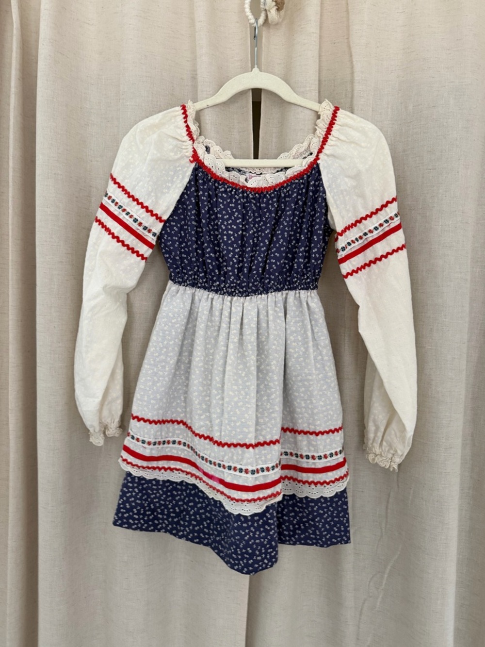 Irene Kasmer Vintage Dress 70’s Navy & White Peasant Dress with Red Trim